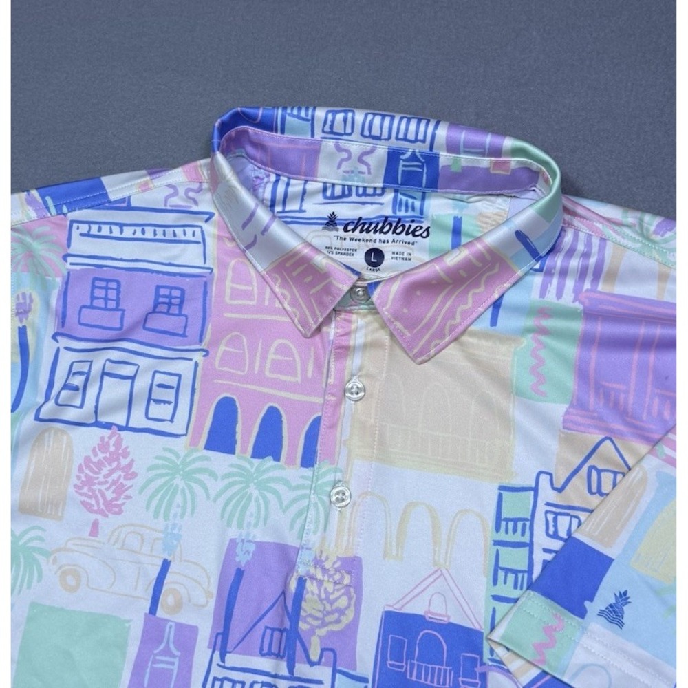 Chubbies Polo Shirt Mens L Performance Pastel Cityscape Tropical Stretch Dadcore